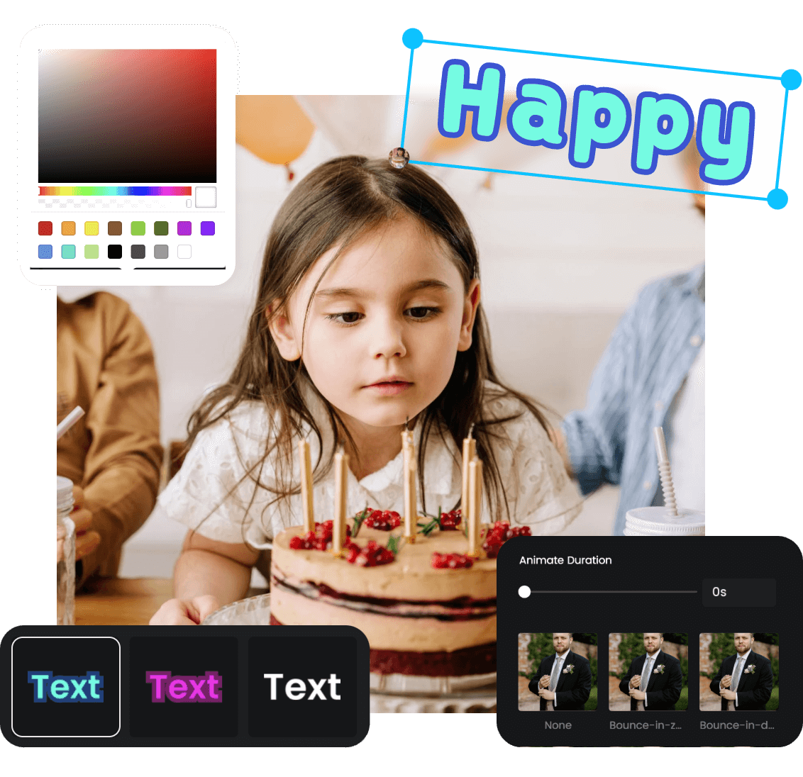 Add happy text with customized options to a video