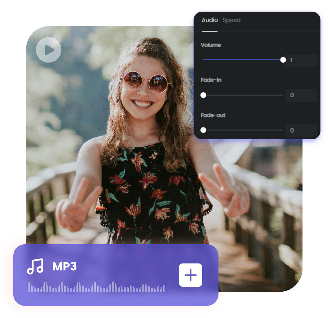 Adicionar música ou efeitos sonoros a um vídeo convertido de uma senhora com óculos de sol e um vestido florido