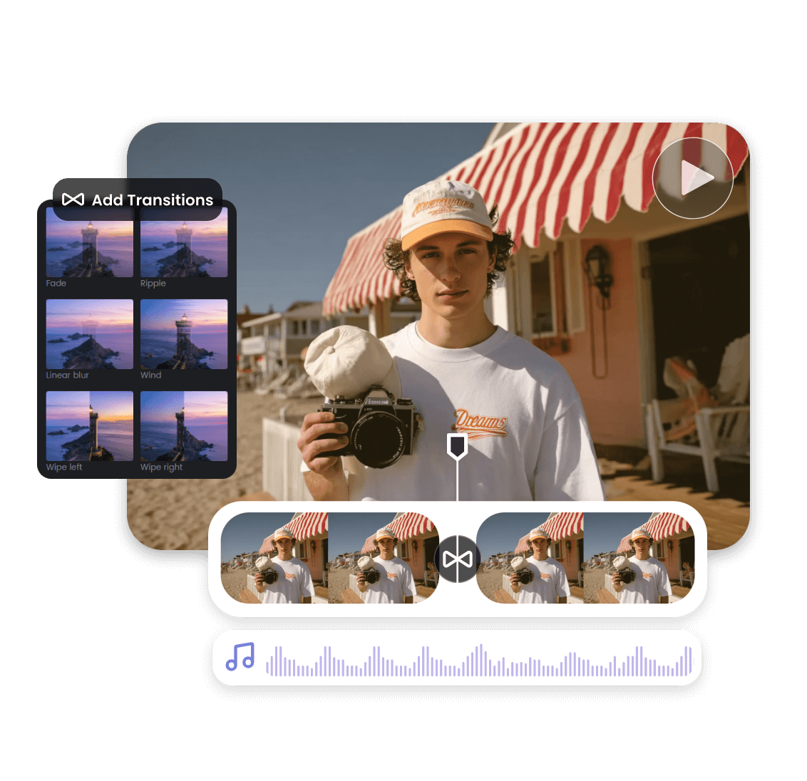 Add transition and audio to an ai video clip of a boy