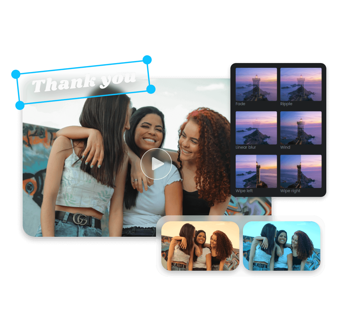 Adicione transições e filtros a um vídeo de destaque de três meninas