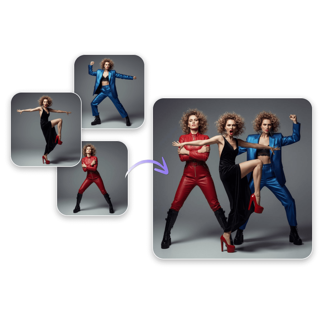 Add two photos of a woman in three different poses to the first one to create a self cloning image