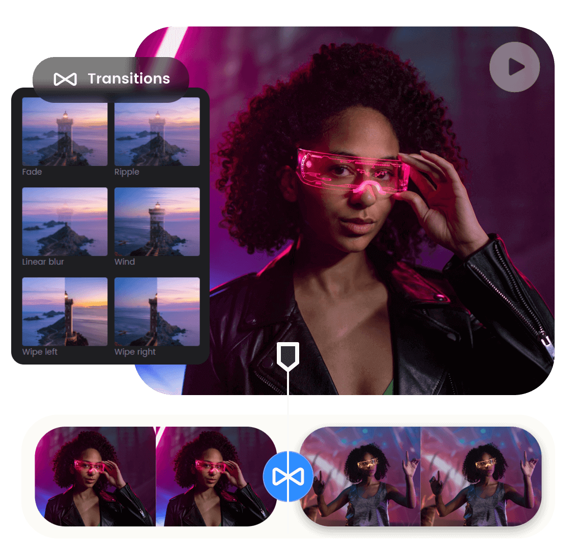 Add various video transition effects between two clips of a fashonable girl