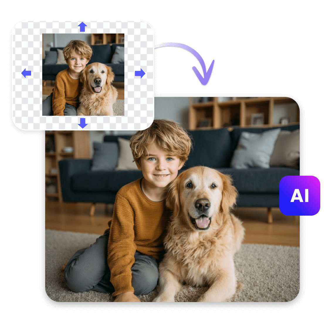 Ai expand an image of a boy with a dog