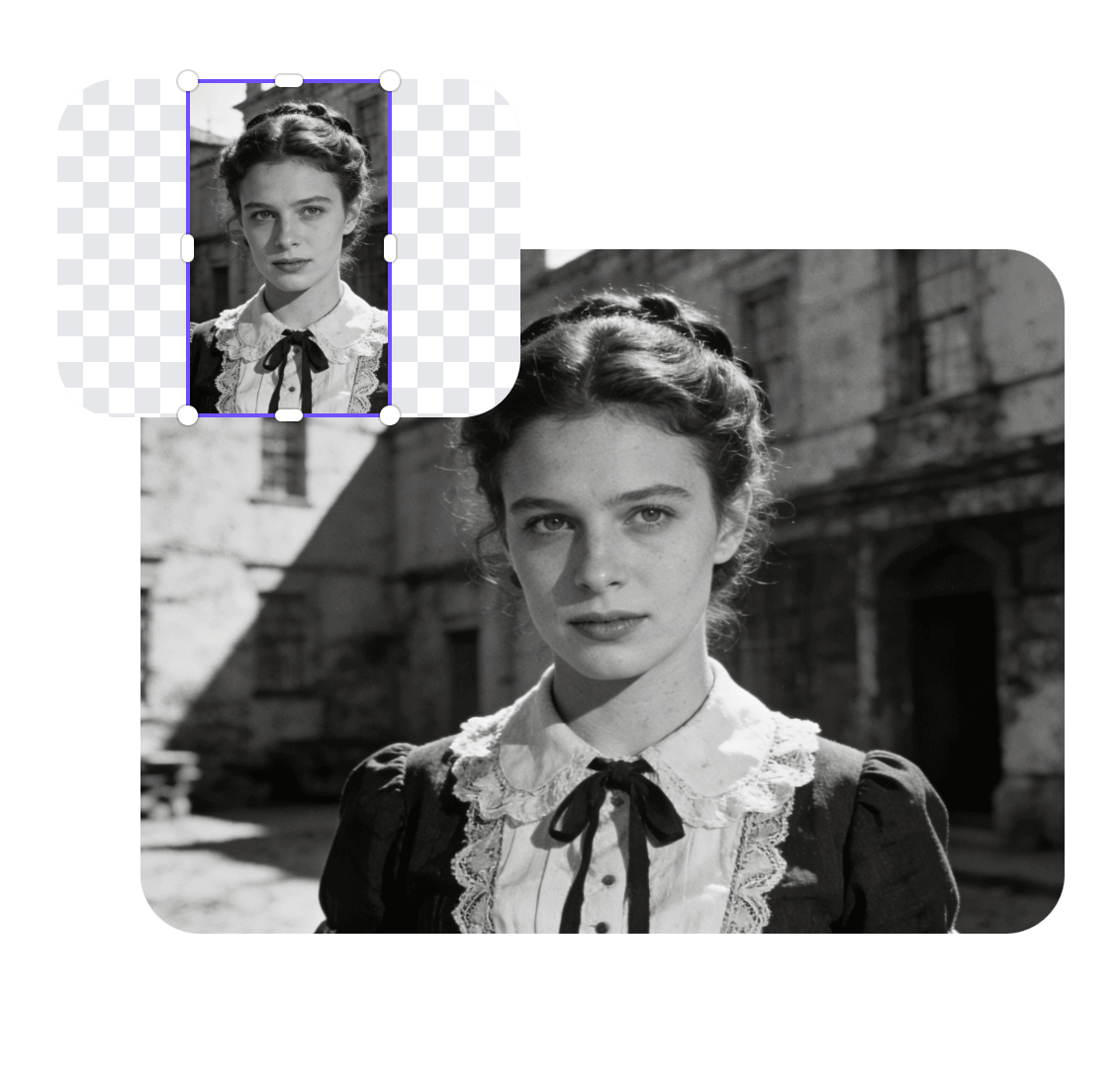 Ai extend a womans black and white old photo