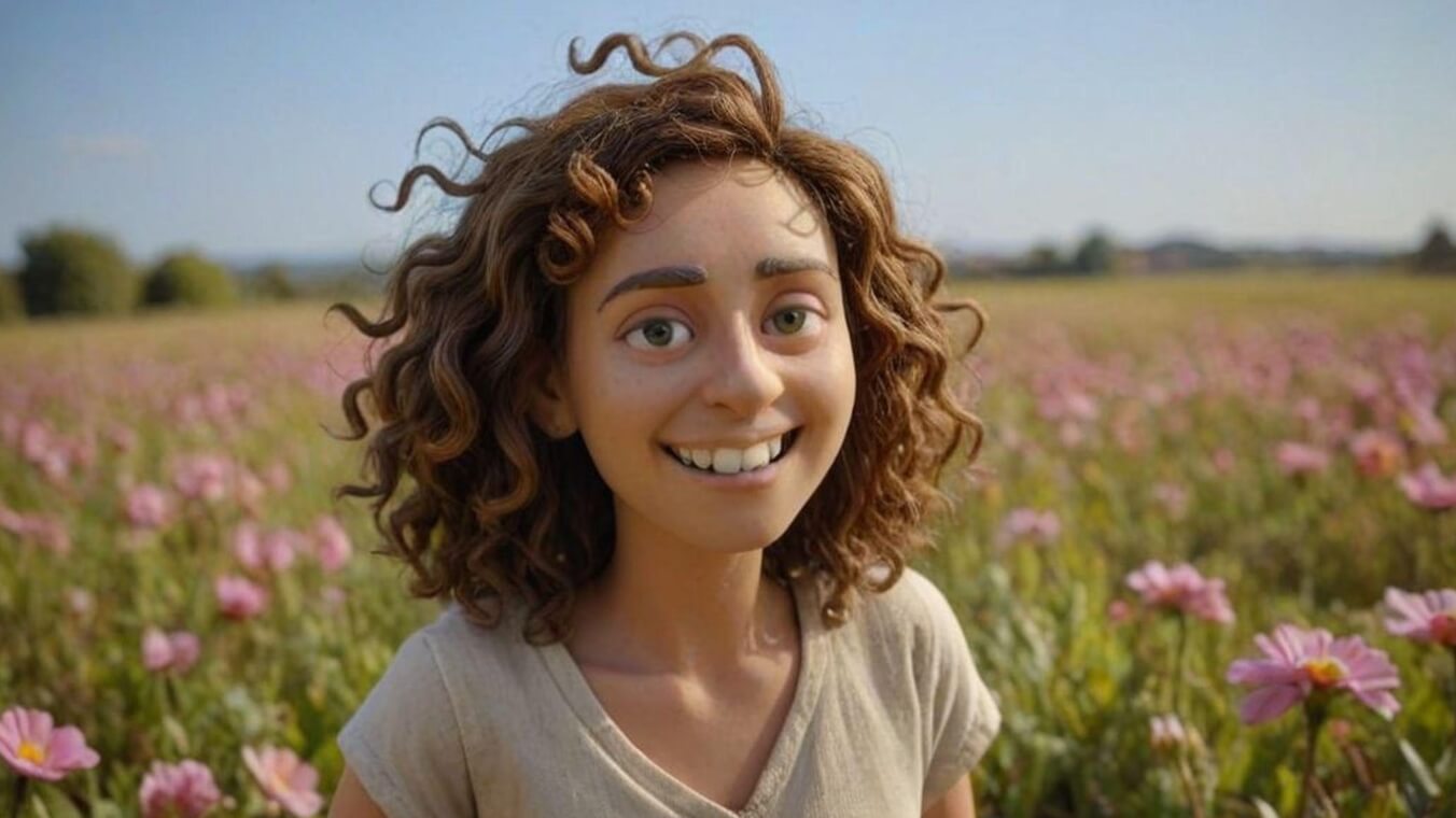 Um avatar de IA 3D em pé com um sorriso