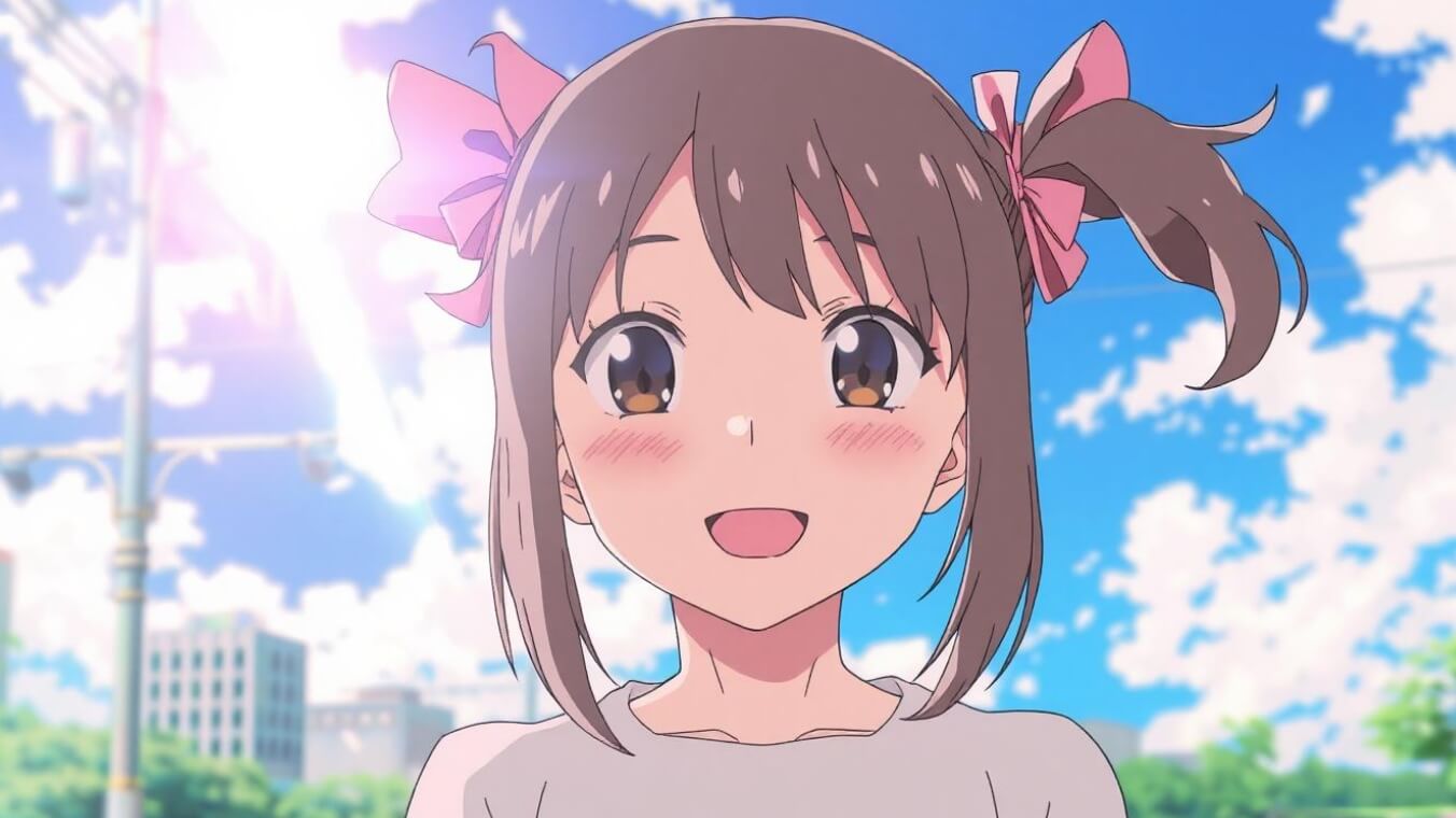 Uma garota de anime está sorrindo sob o céu azul