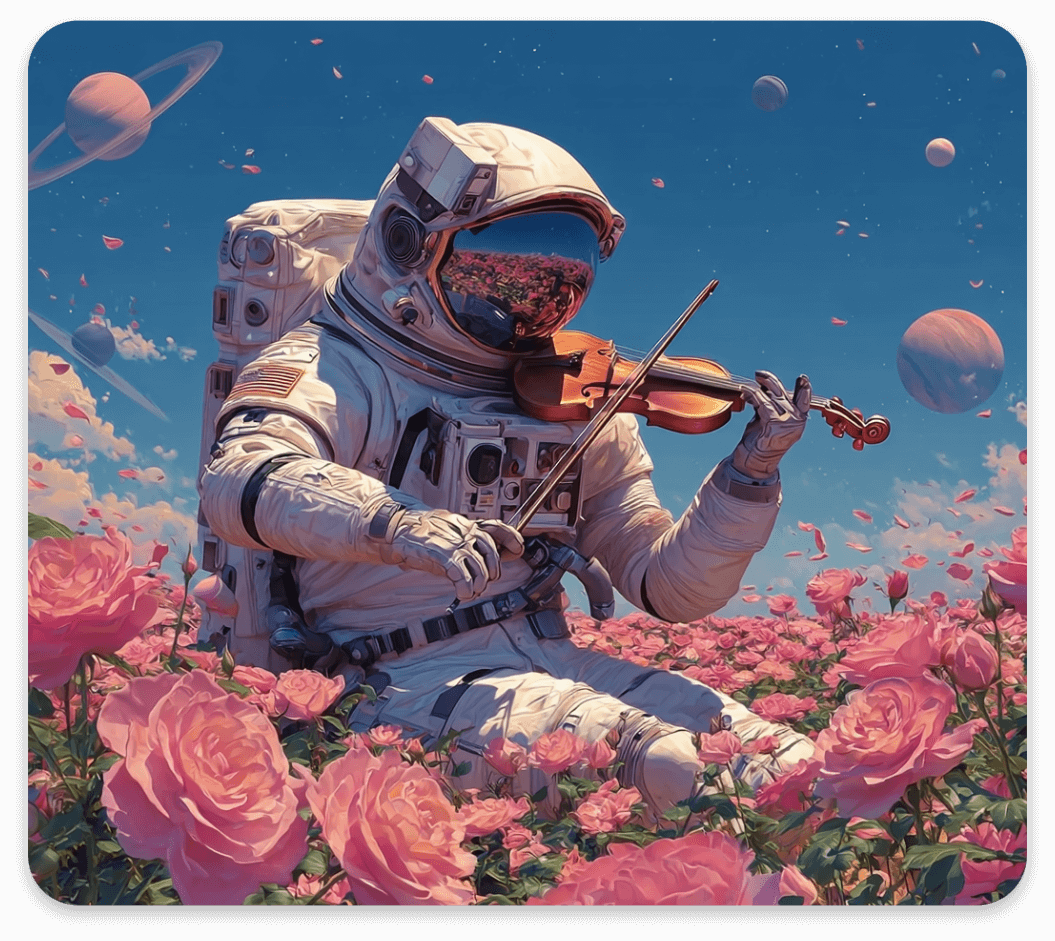 An astronaut sits amongst the flowers playing the violin