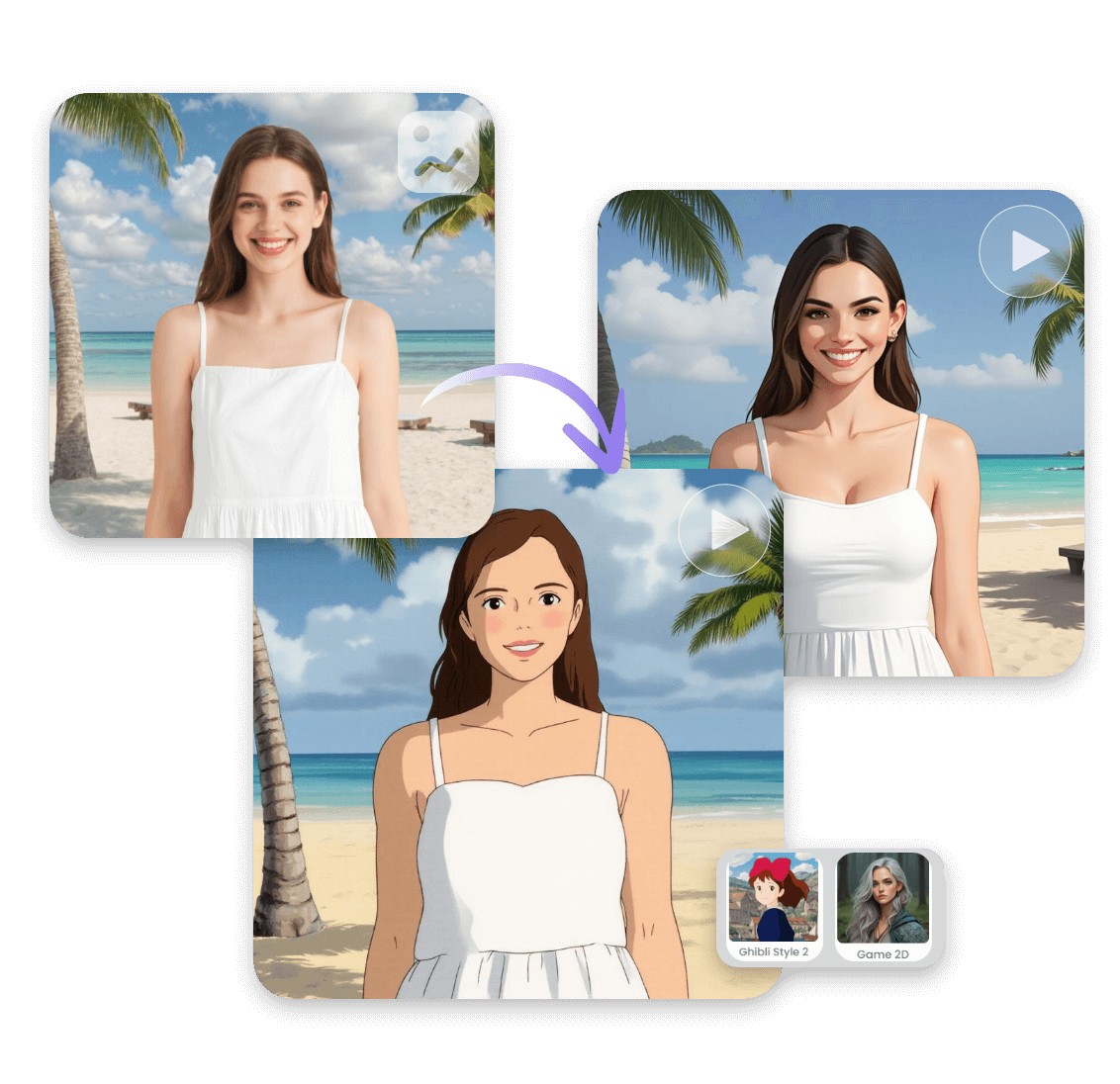 Animate a photo of a girl with a white dress and export it in two different styles