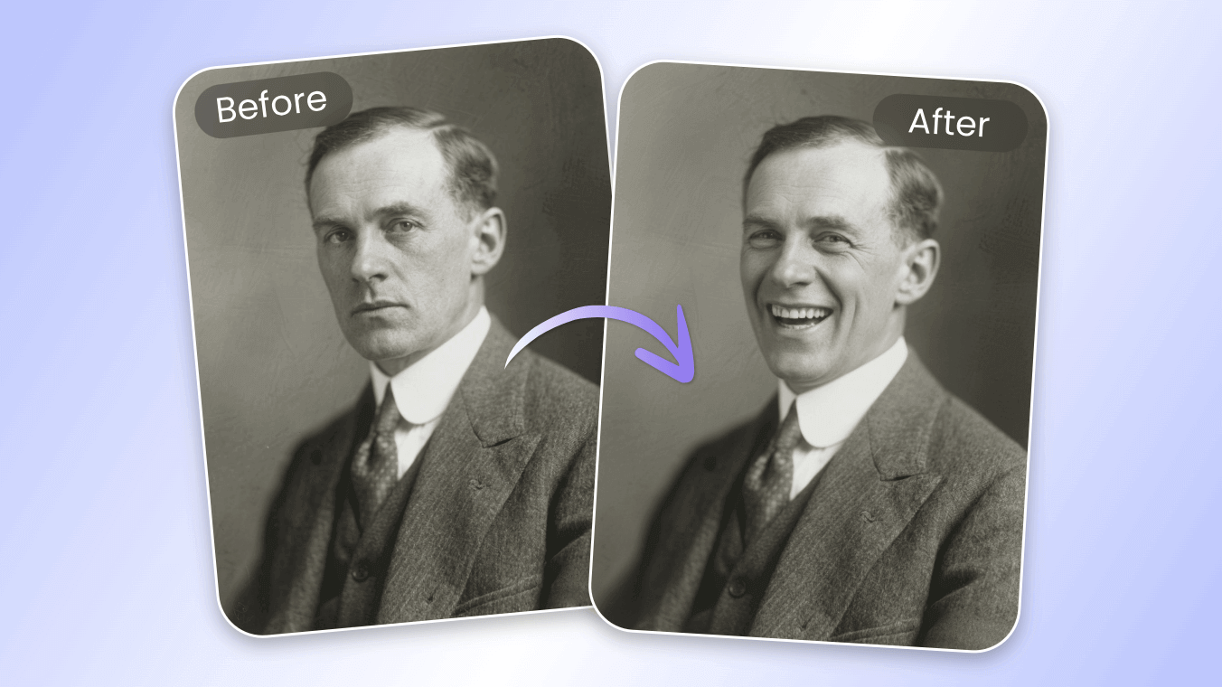 Animate an old photo of a man to show a big laugh