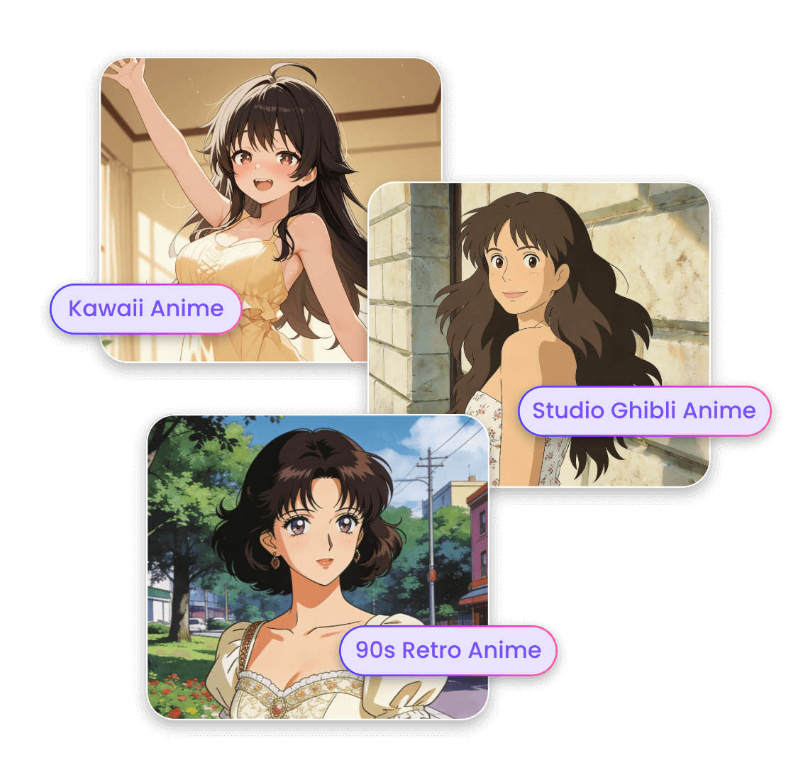 Anime style AI girldriend creator featuring Kawaii Studio Ghibli and 90s retro