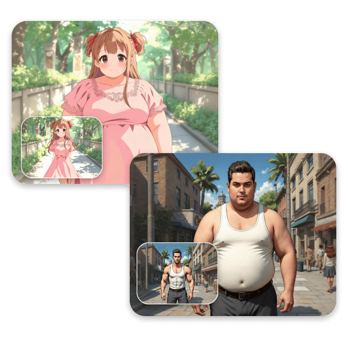 Apply clipfly fat filter to a photo of a japanese anime girl and a photo of an american comics man