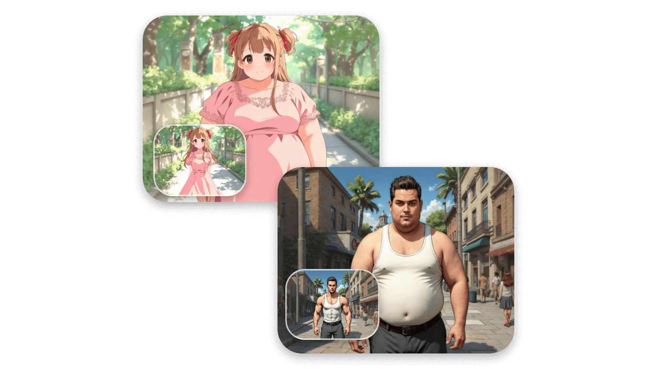 Apply clipfly fat filter to a photo of a japanese anime girl and a photo of an american comics man