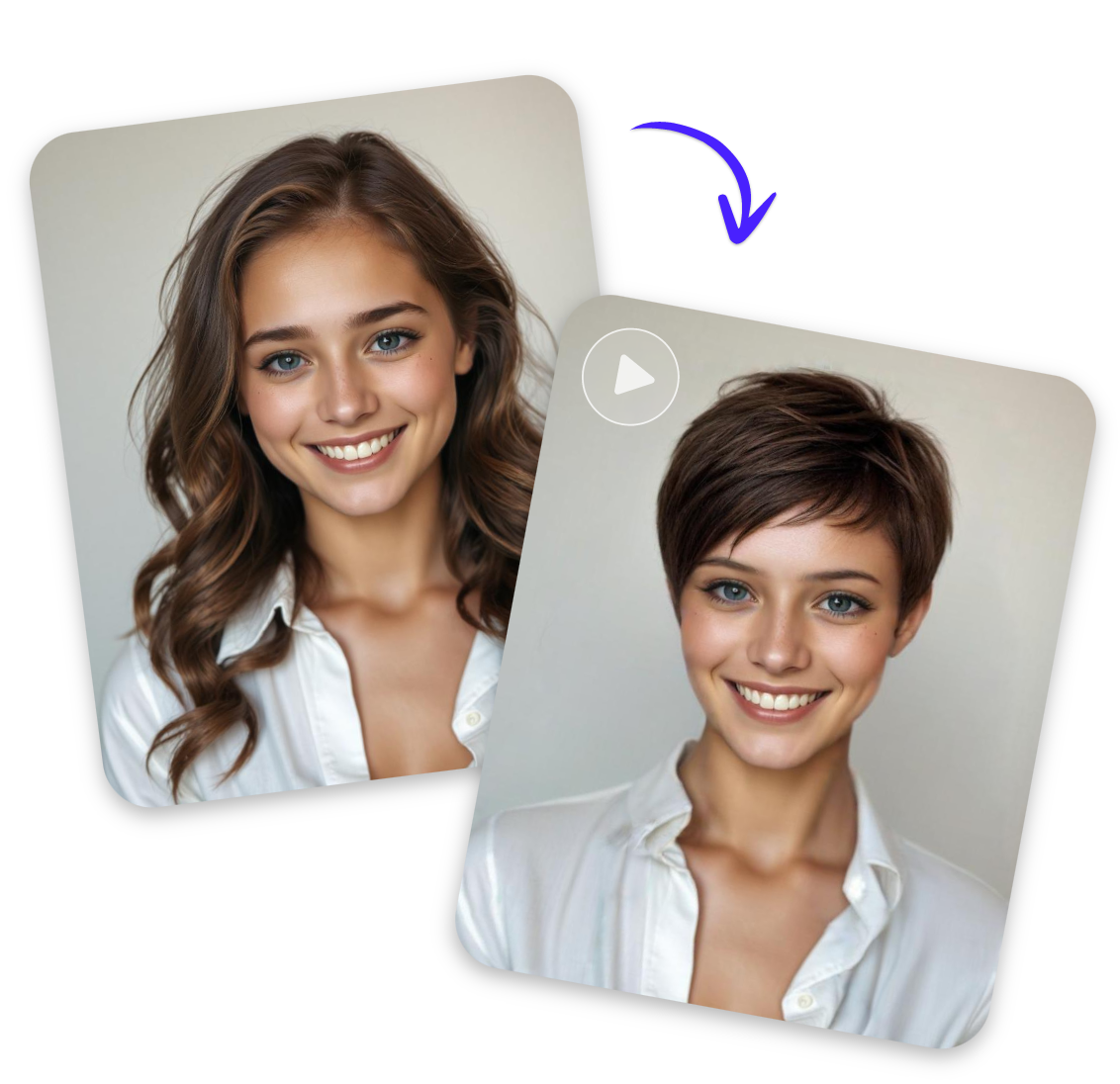 Apply short hair filter to a long curly hair to short cut hair for a woman
