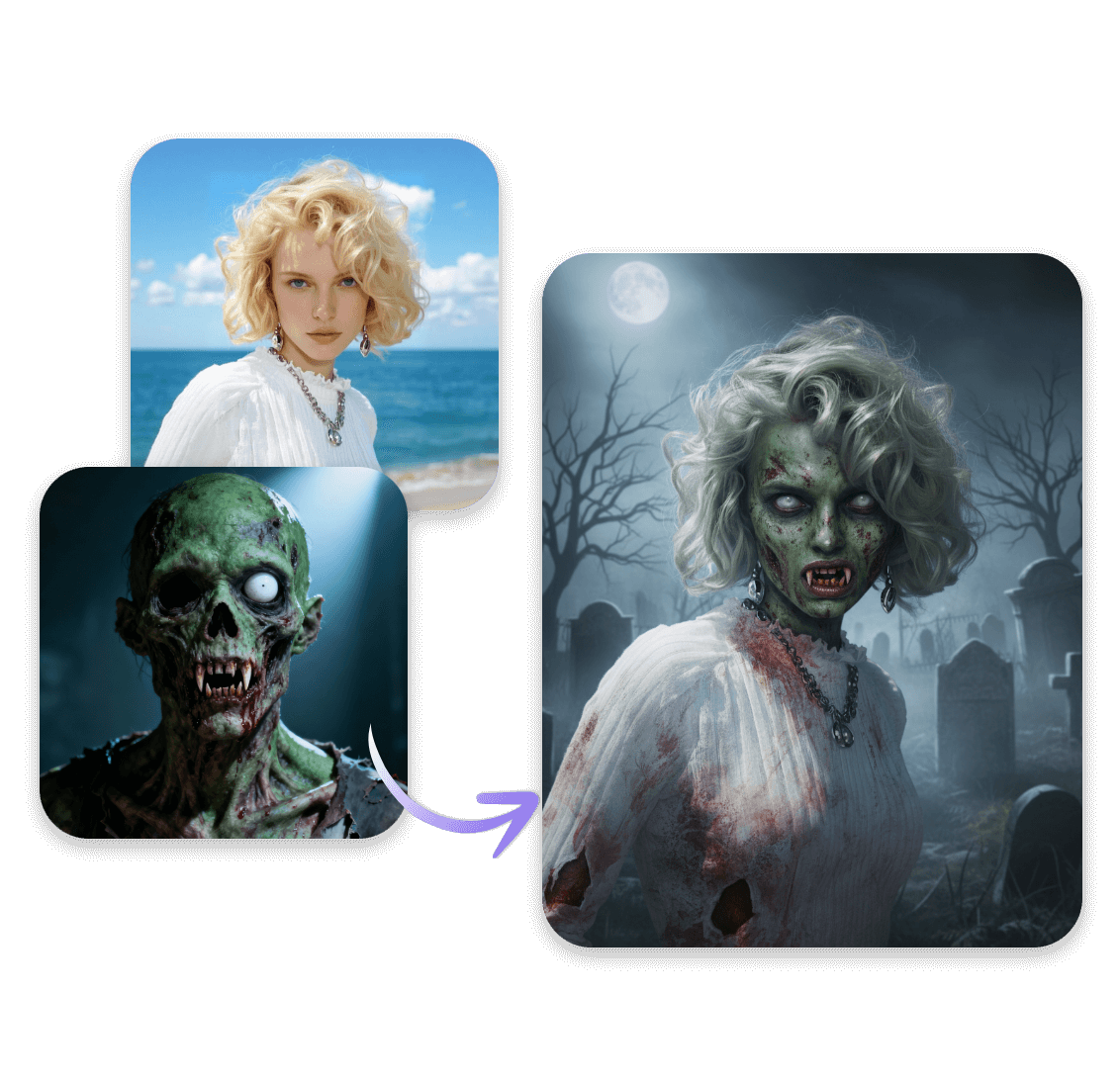 Blend the style of a zombie photo into a girl photo to create a zombie girl