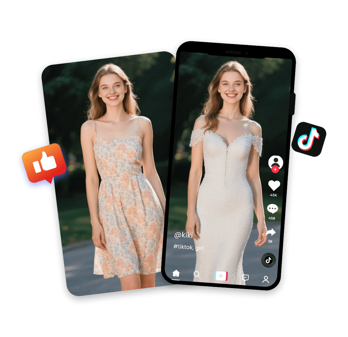 Change a girl floral dress to a white dress and share it on tiktok