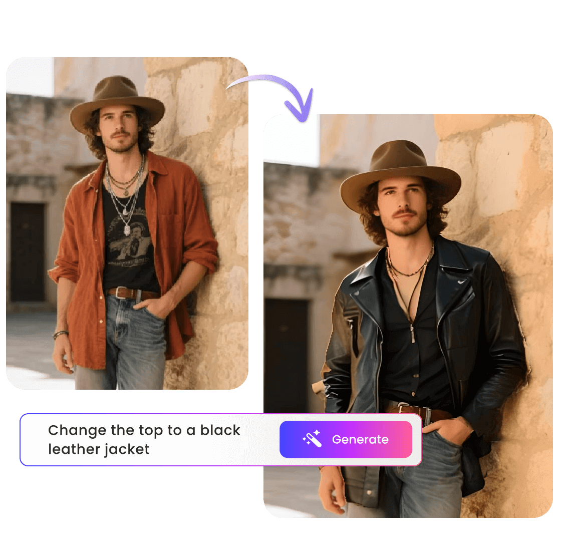 Change a handsome cowboy orange shirt to a black jacket