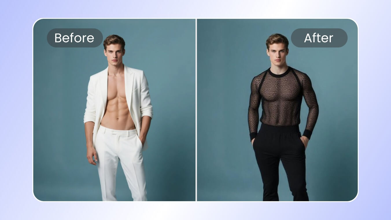 Weißer Anzug von einem Mann entfernen und in einen durchsichtigen Kleidungstücke wechseln