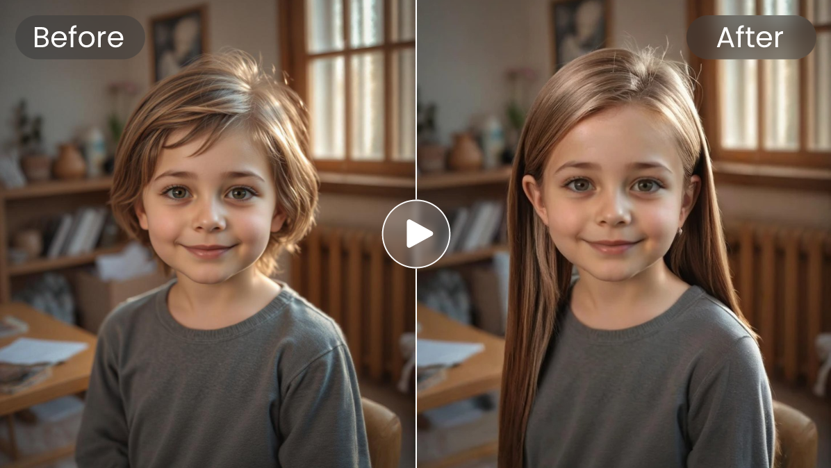 Change a photo of a male kid with blond short hair to long hair