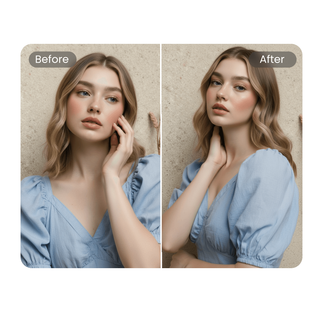 Change pose for the blonde haired woman wearing a light blue shirt