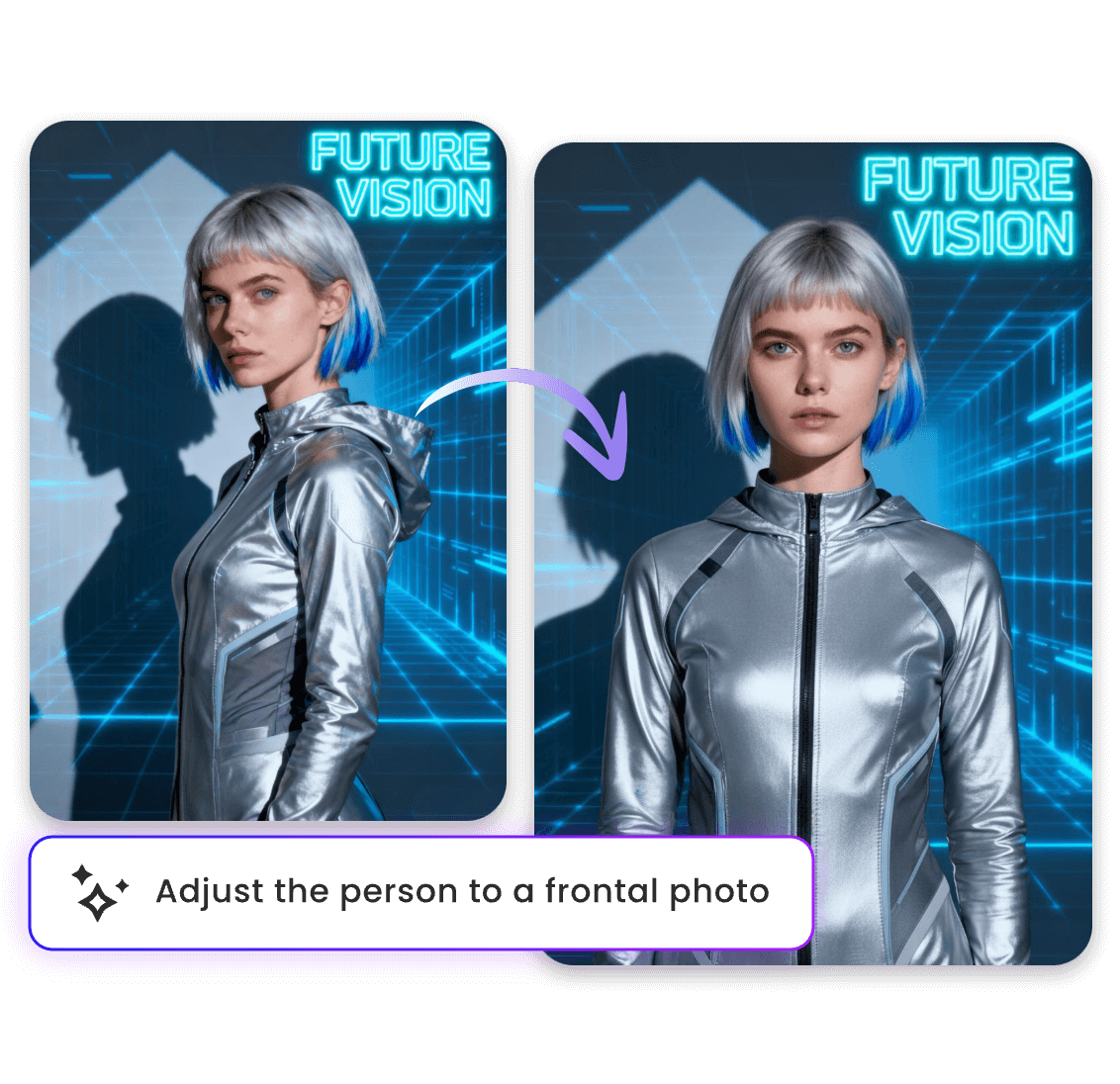 Change the camera angle from side to front of a poster with clipfly ai poster generator