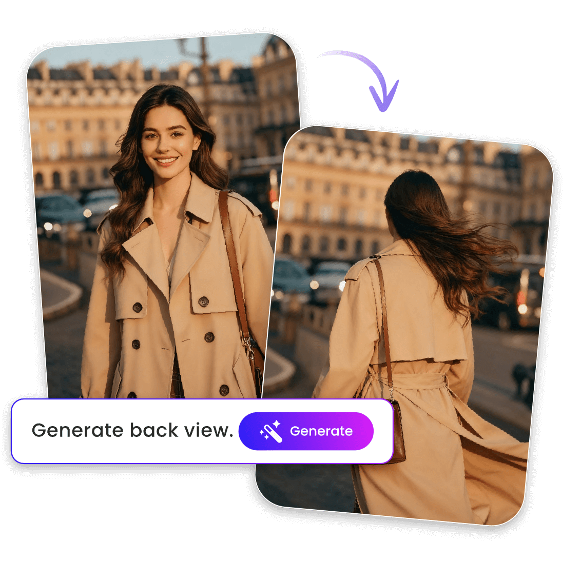 Change the camera angle of a picture of a woman from front view to back view