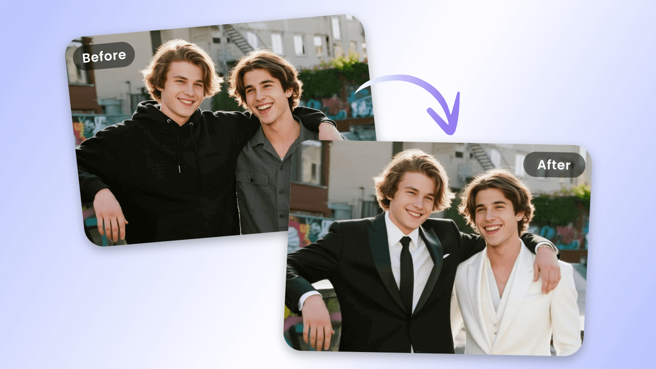 Change the casual outfits of two boys in a group photo to suits