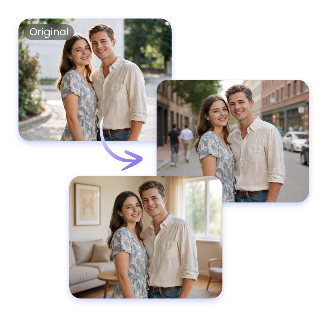 Change the couple image background into street and interior scenes