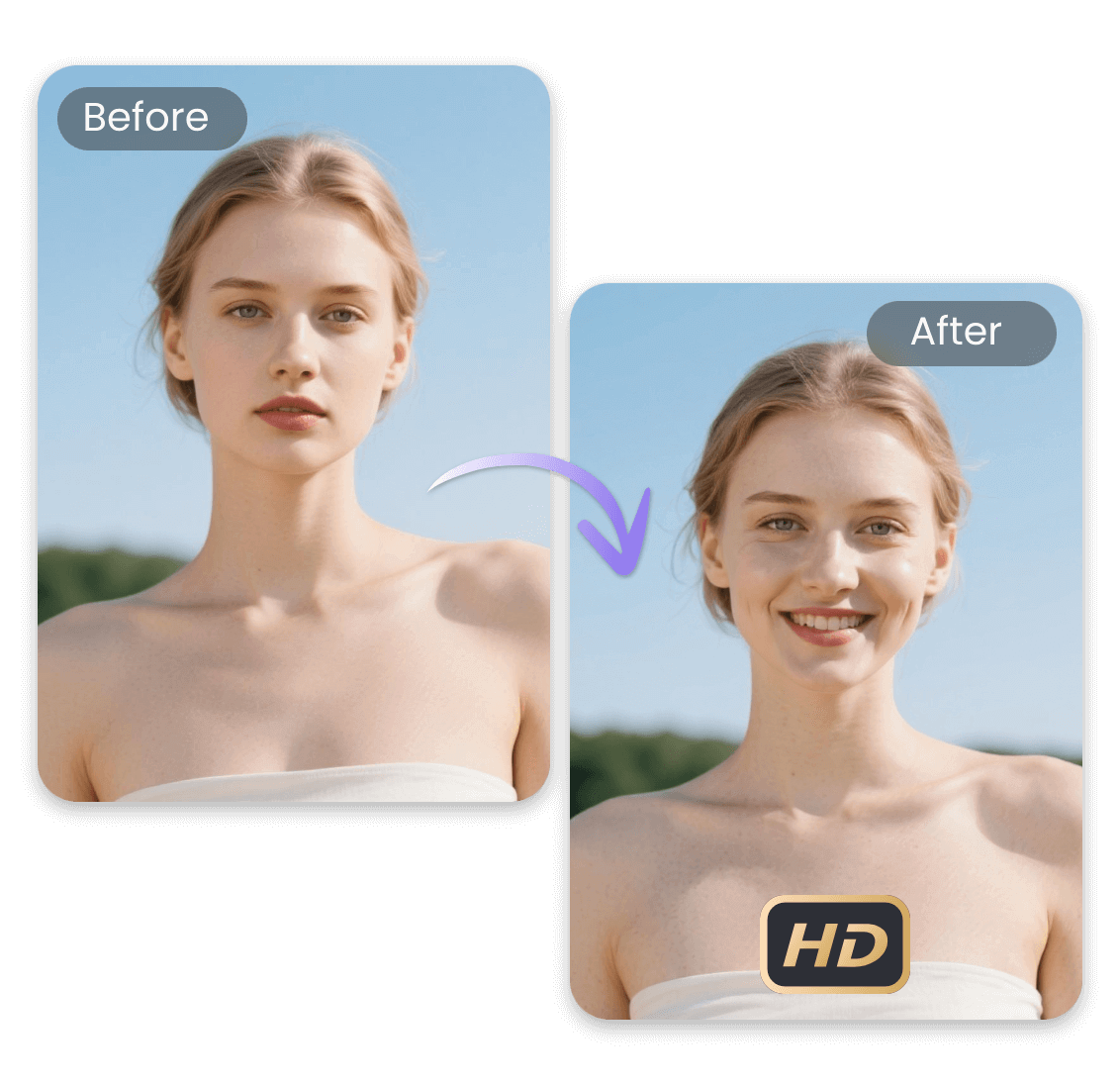 Change the expression of a beautiful woman in the photo to a smile naturally and in high quality