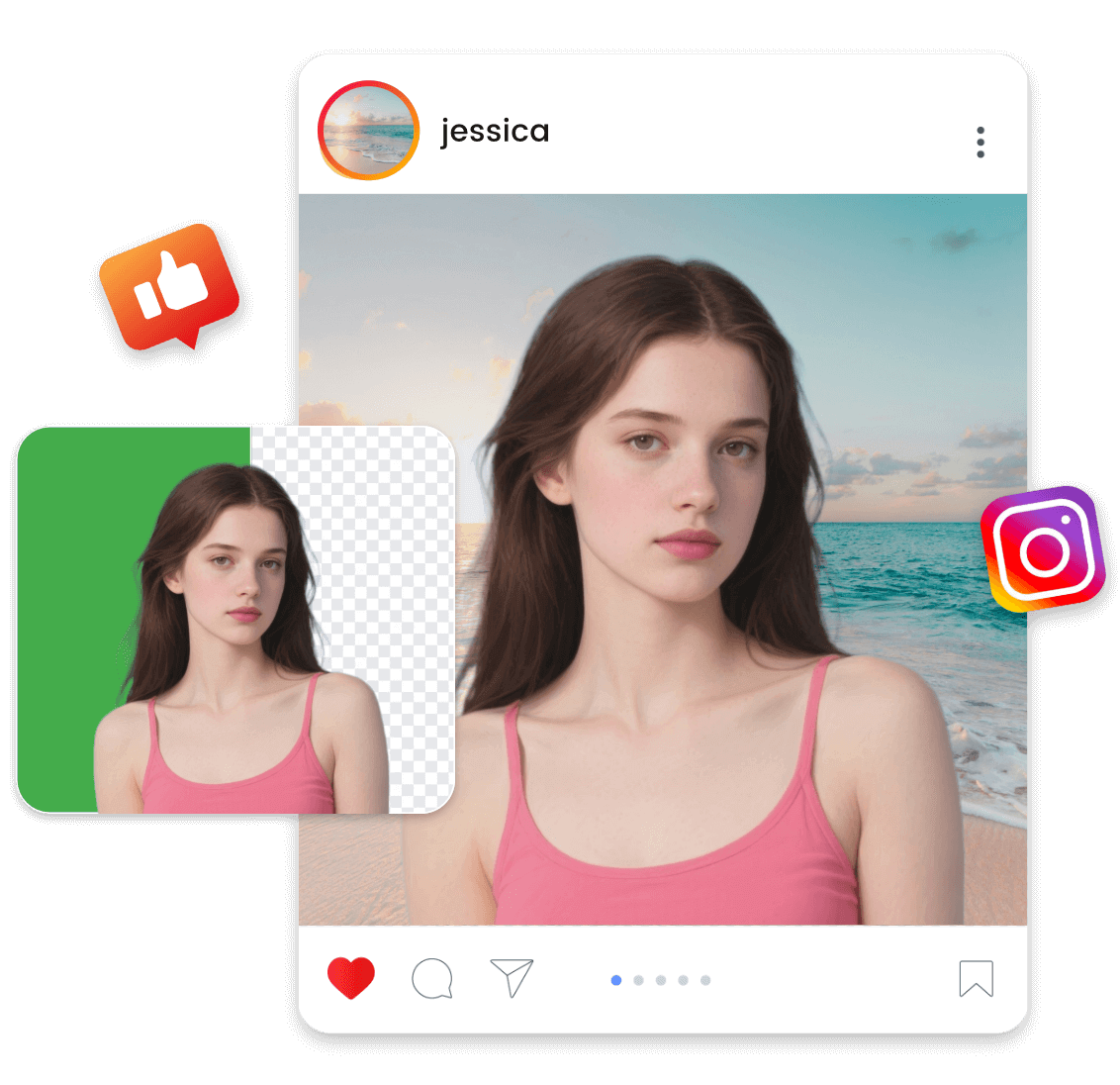Change the green screen background of a picture of a beautiful girl and share it on social media