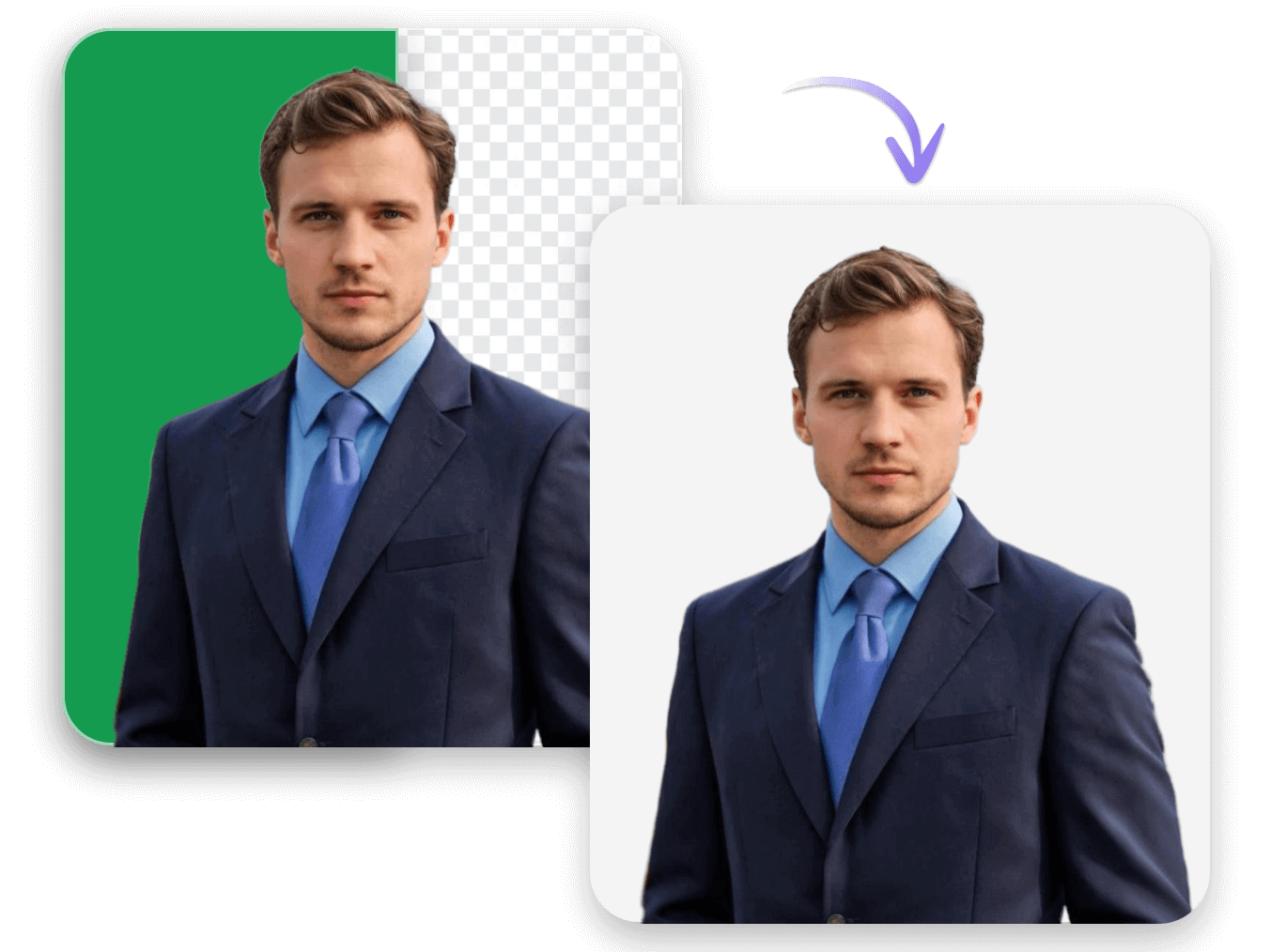 Change the green screen background of a picture of a man in a suit to solid white