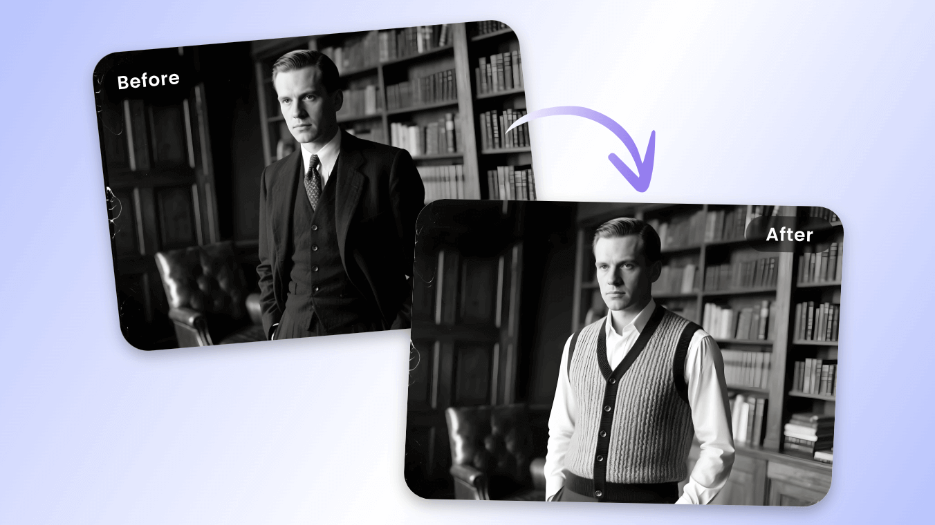 Change the suit of a man in an old photo to a casual outfit version