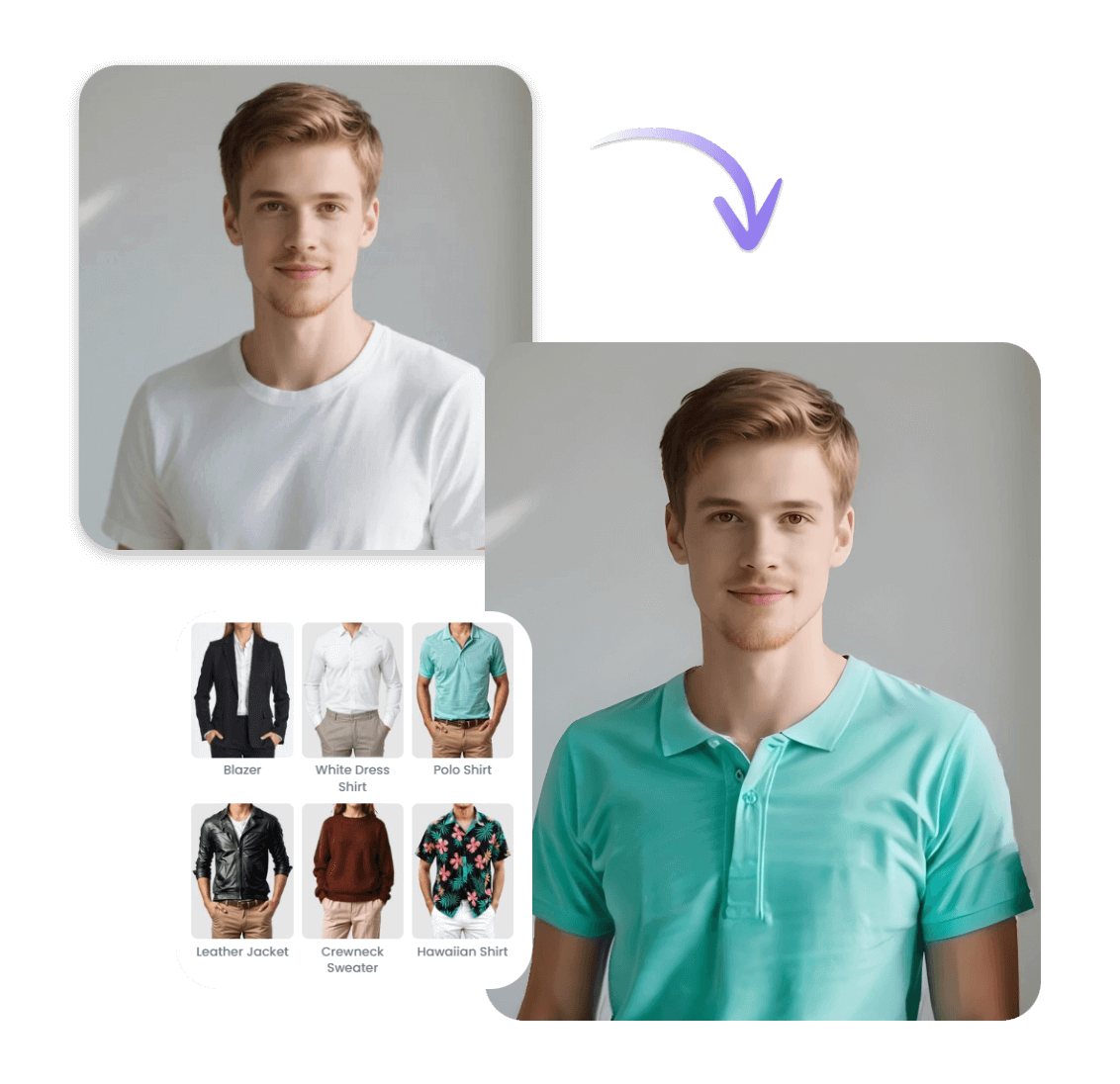 Choose multiple outfit templates to change a boy white shirt to a green polo shirt