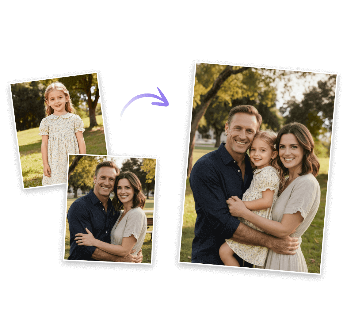 Combine a photo of a girl and a photo of a couple into a single ai family photo