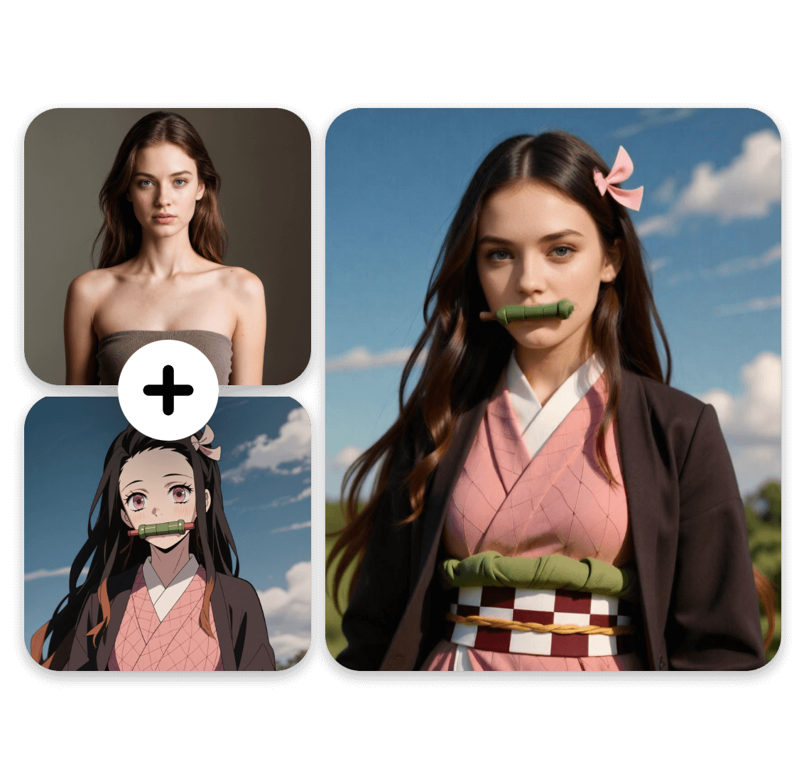 Combine the image of a real girl and an anime girl into a cosplay picture with clipfly cartoon to realistic ai