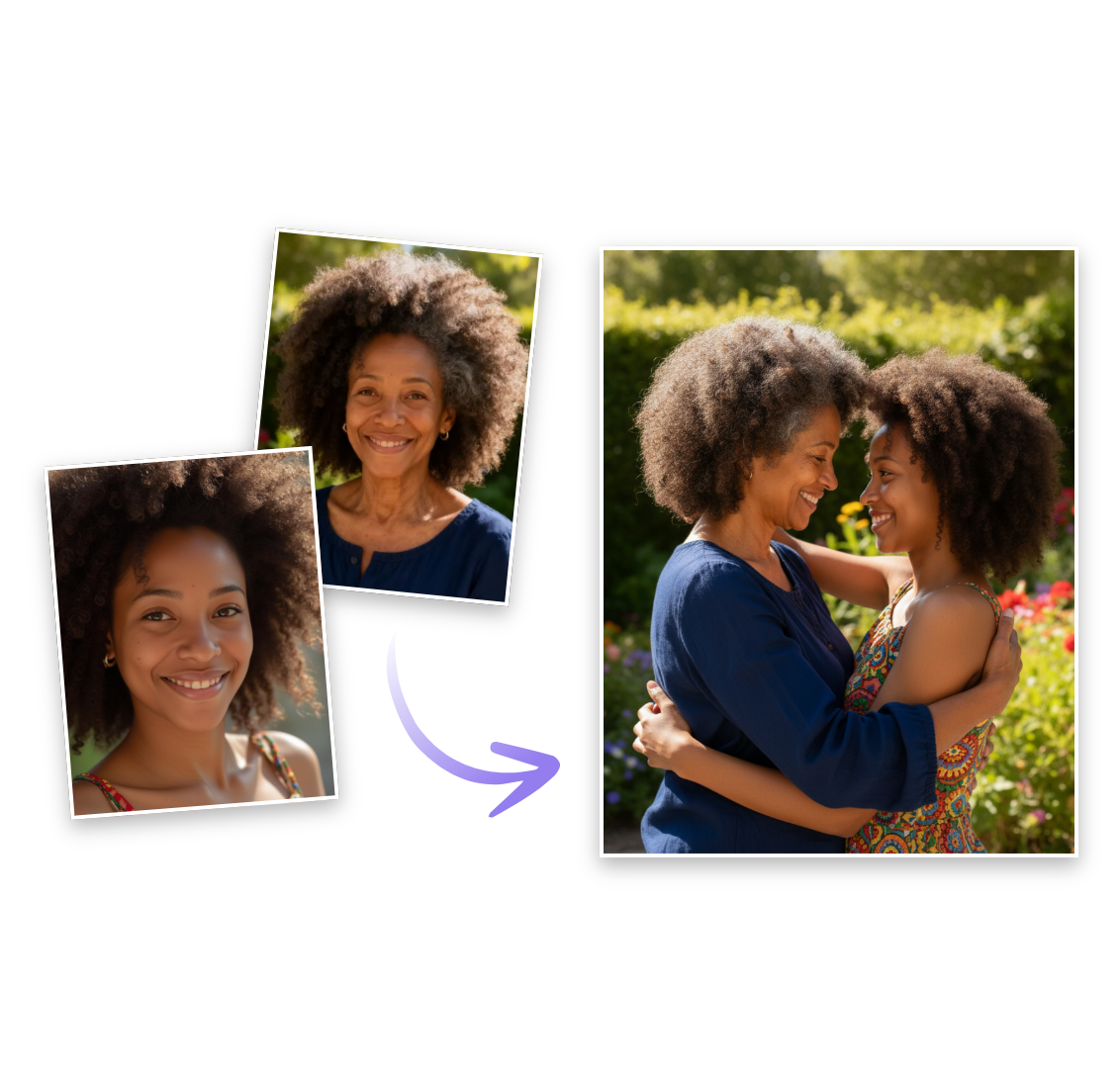 Combine the woman portrait and her younger self pic into a hug her younger self image