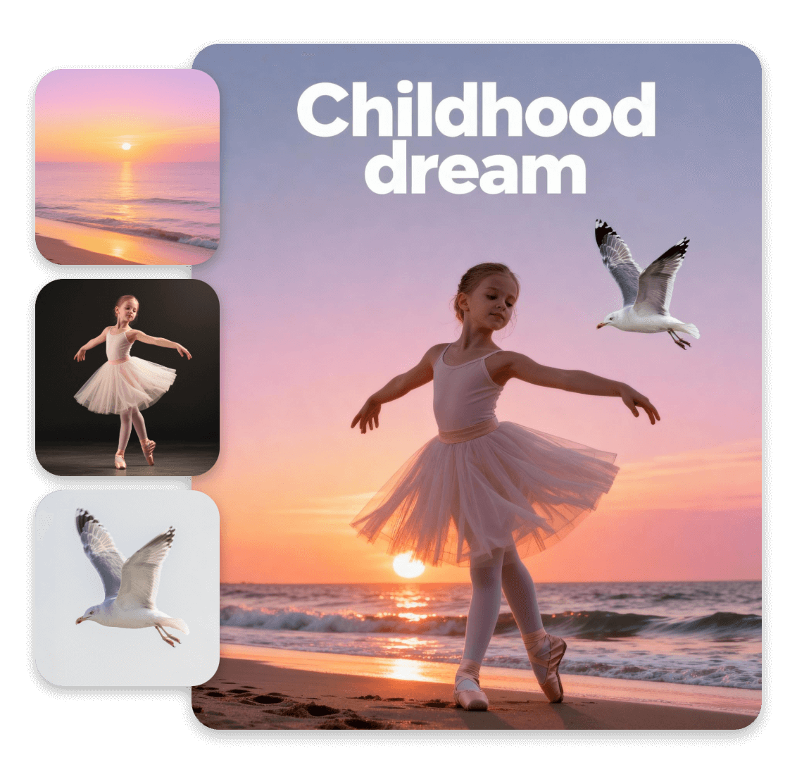 Combine three pictures in to a poster of a girl dancing on the beach with clipfly ai poster generator