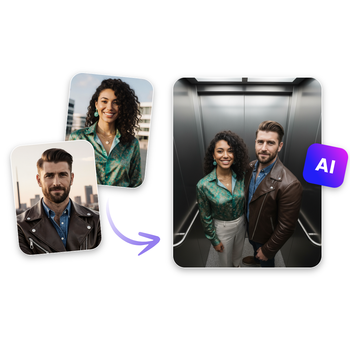 Combine two selfies of a man and a woman into one elevator couple photo