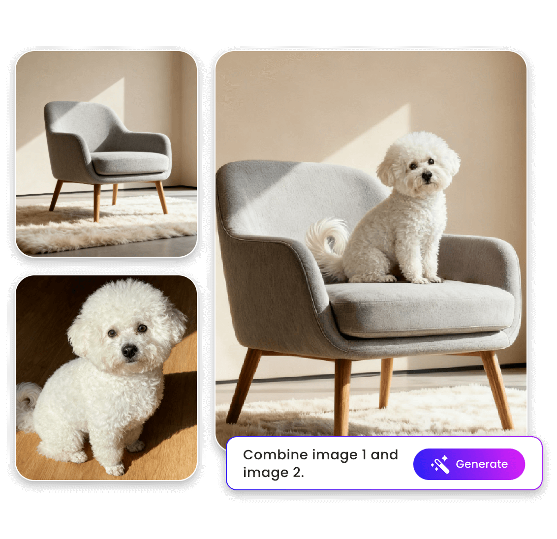 Combing an image of a chair and an image of a dog with Qwen AI model on Clipfly