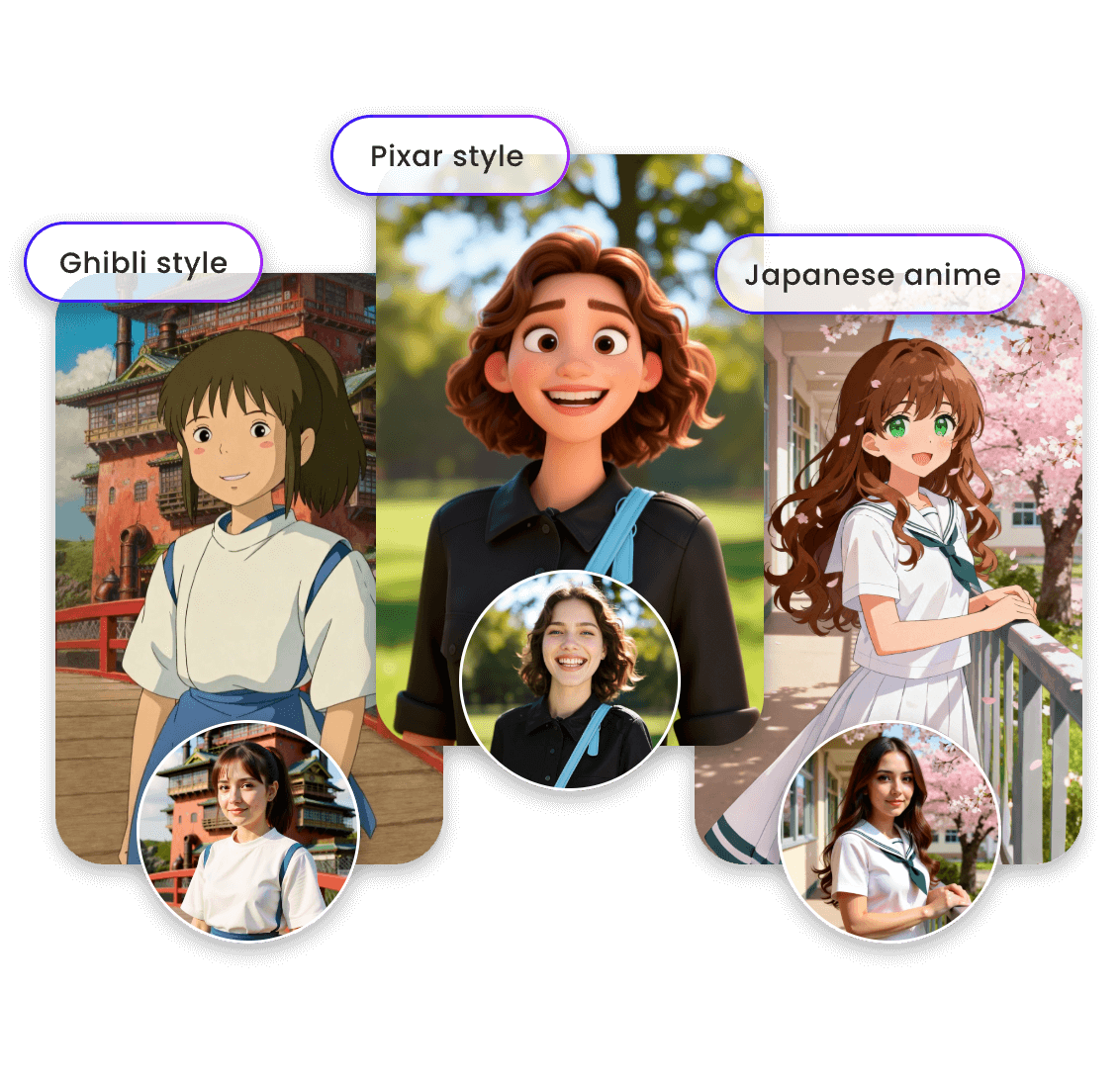 Conver pictures of ghibli style and pixar stle and japanese anime style into realistic photos with clipfly cartoon to realistic ai