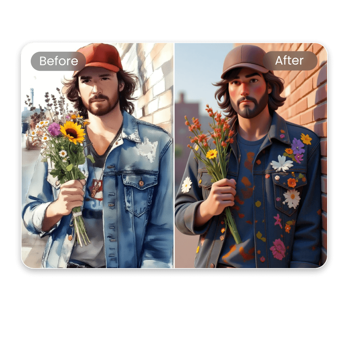 Convert a 2d image of a man holding flowers into 3d