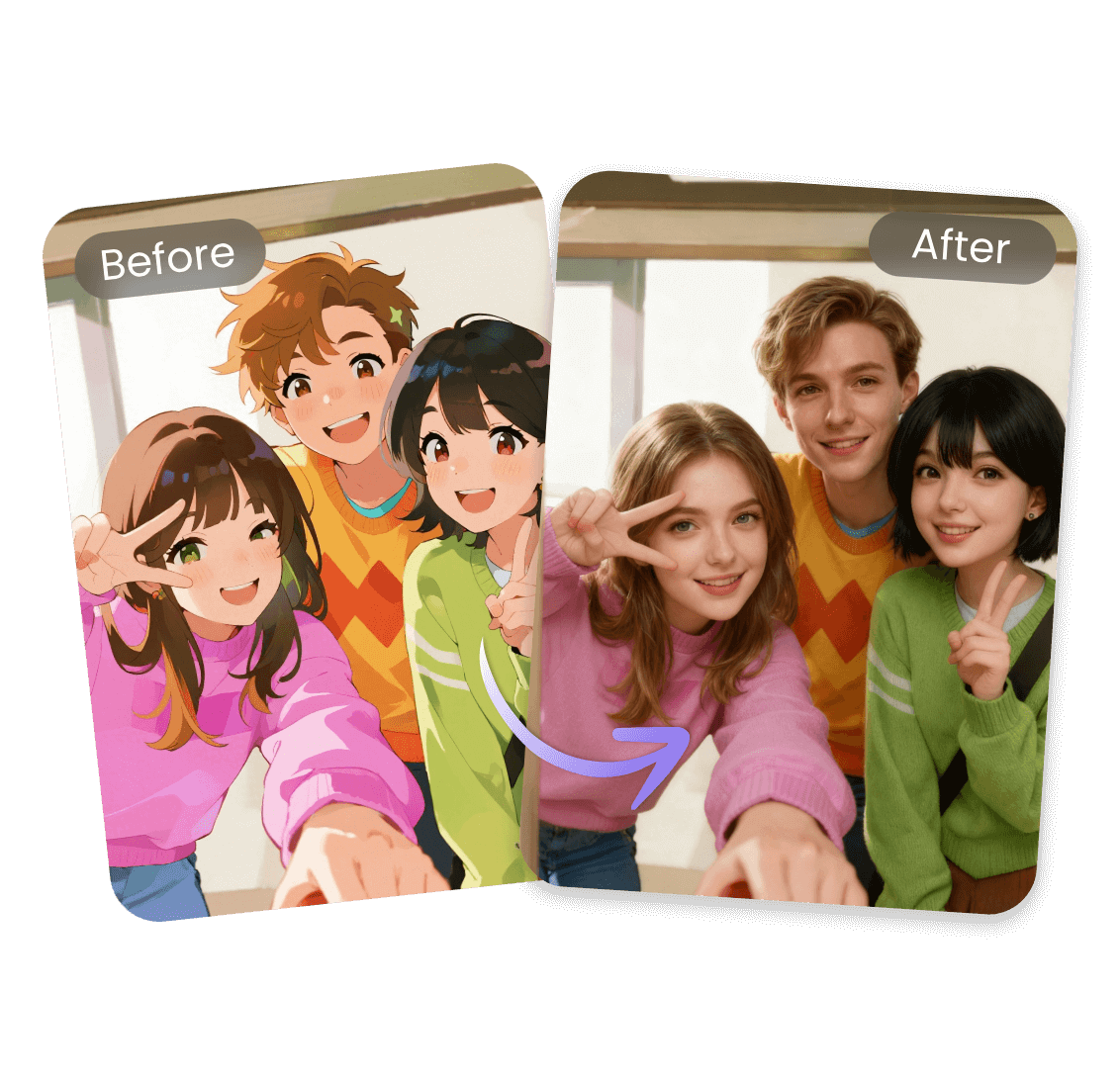 Convert a group anime character image into a realistic style