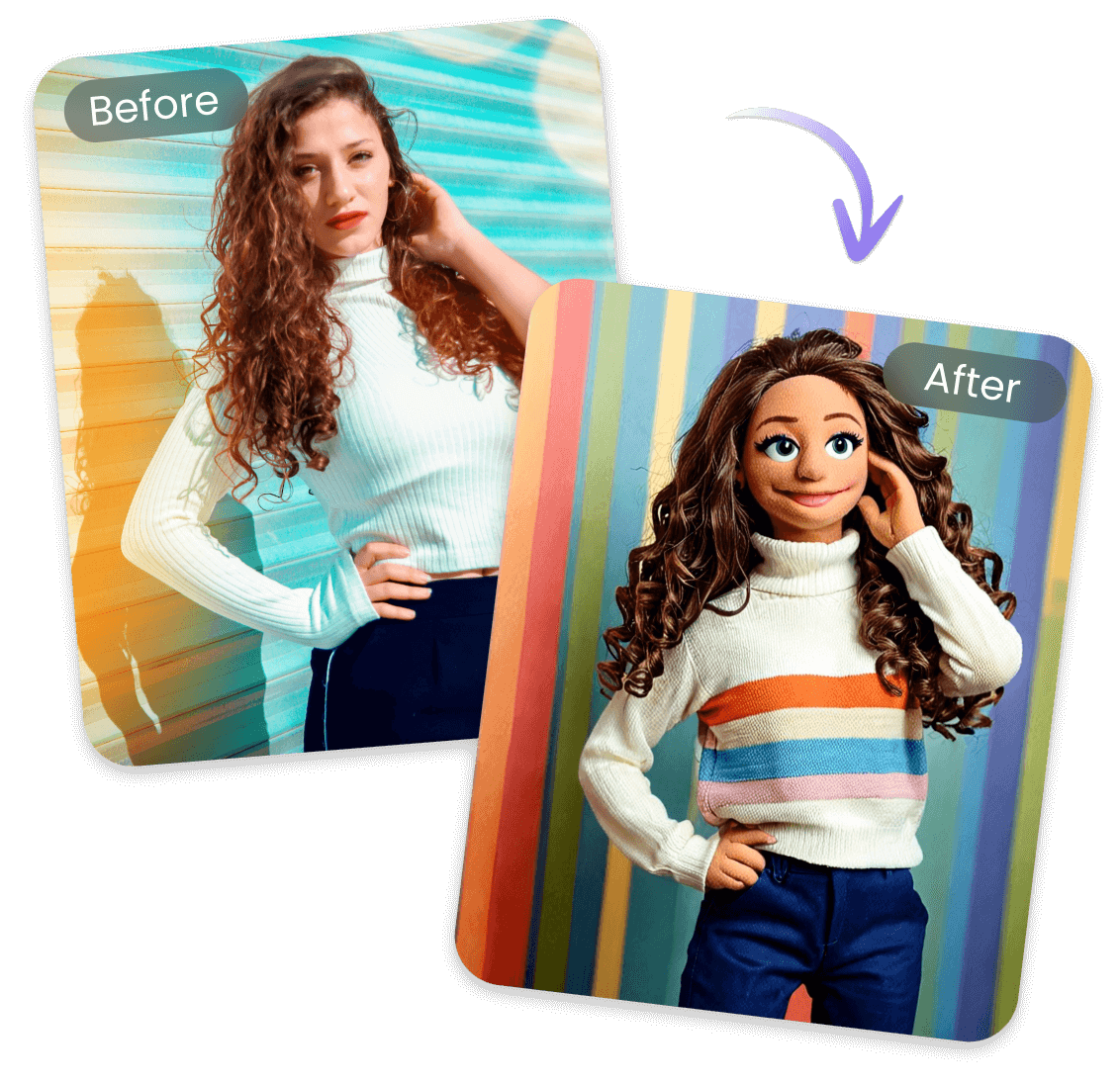 Converter uma foto de uma senhora com cabelos longos e cacheados em uma imagem de fantoche