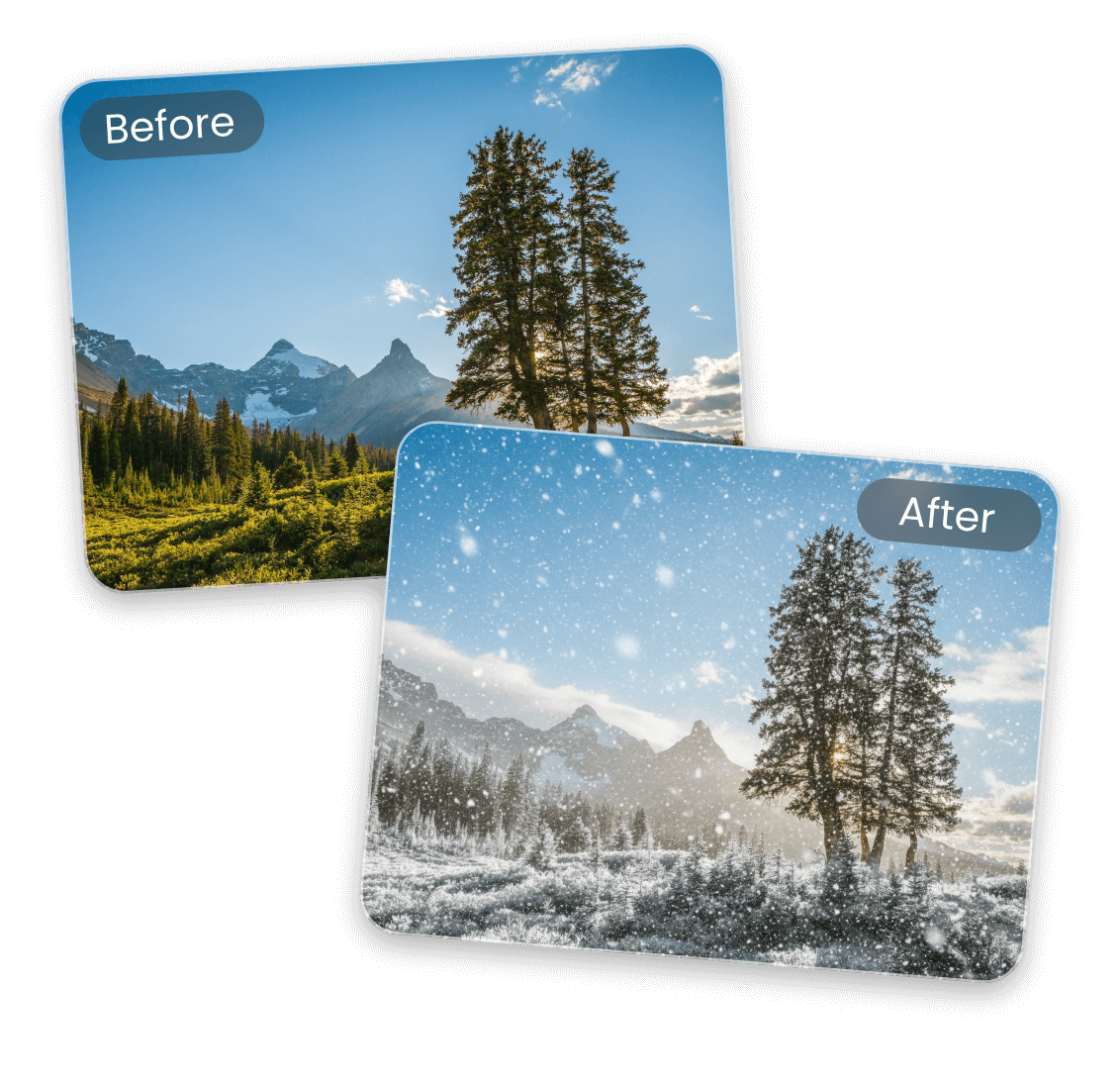 山の風景写真を冬のワンダーランドに変換