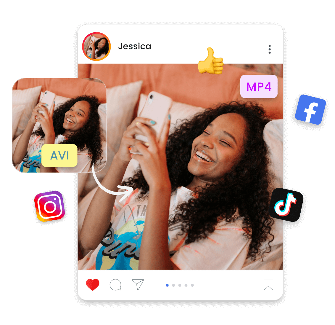 Convert an AVI video of a girl playing with her phone to MP4 format and share it on social media
