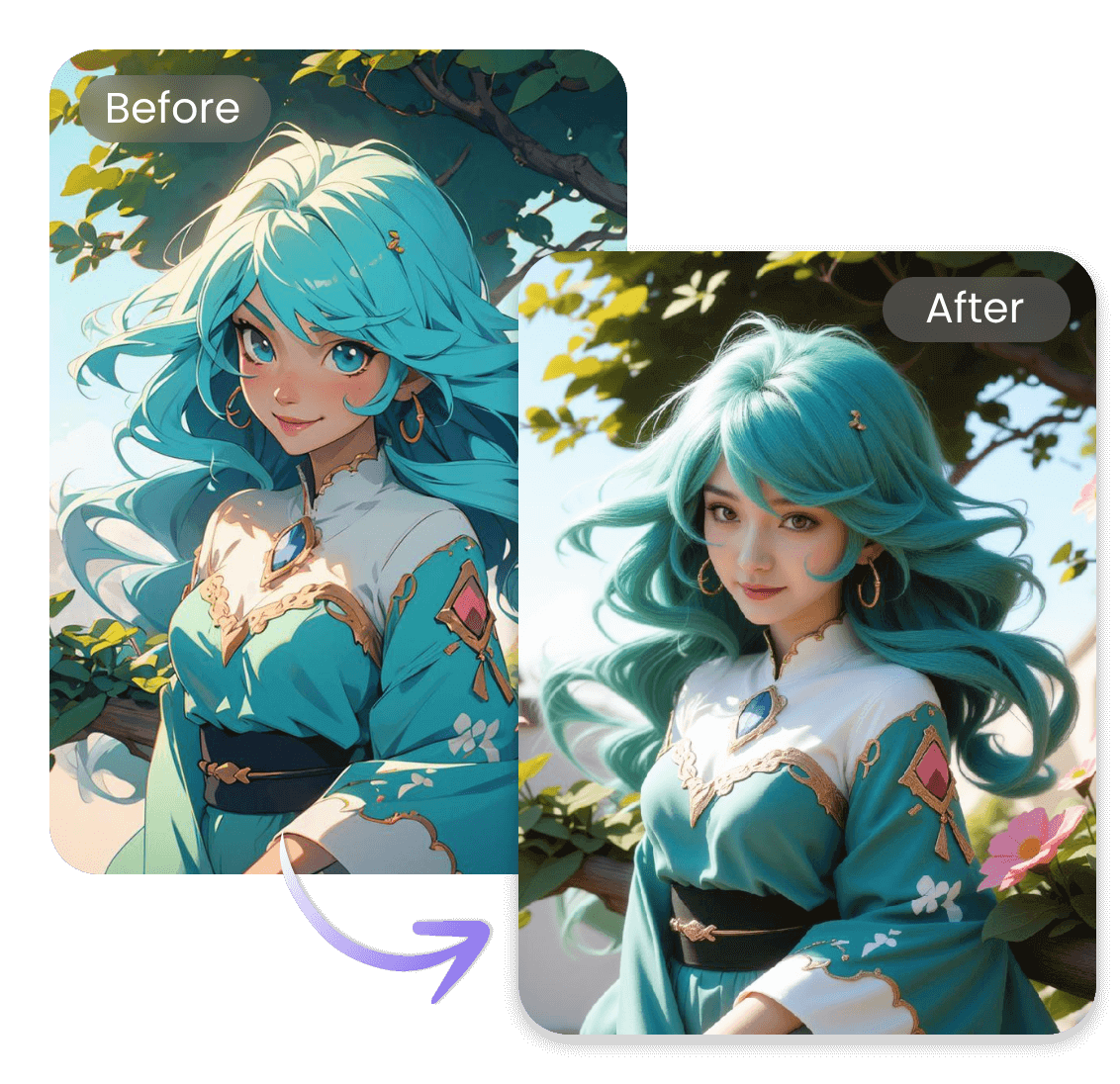 Convert an anime girl image into a real photo