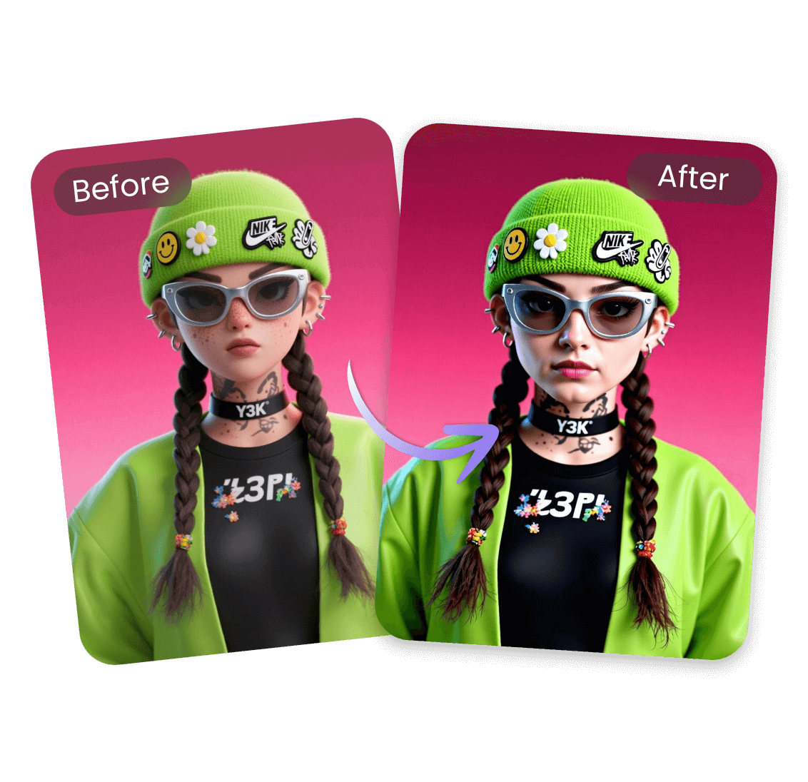 Convert an image of a virtual anime character into a real photo