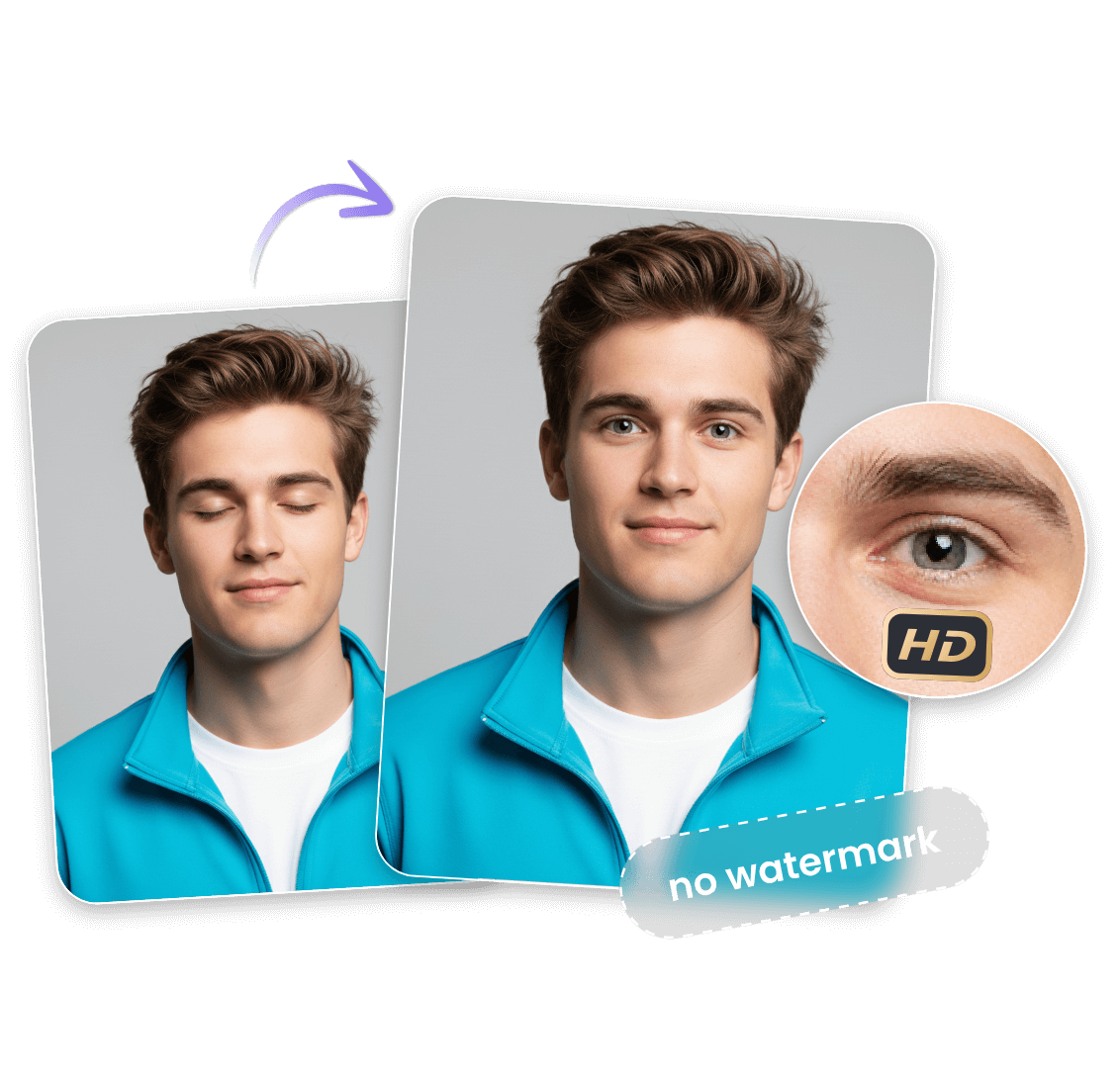 少年の写真で閉じた目を開いた目に変換しHD形式でエクスポートする