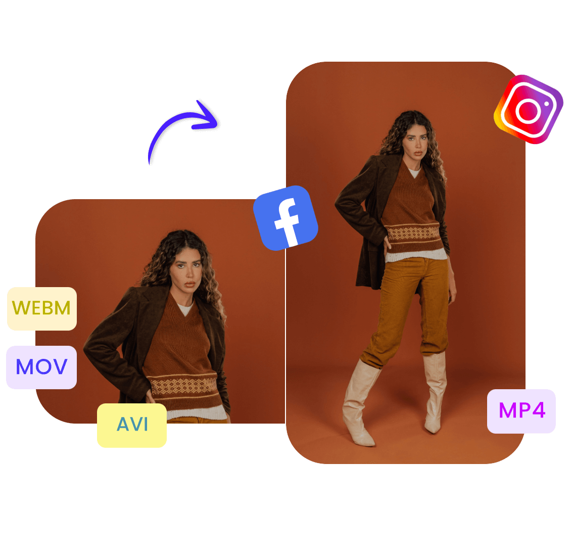 Convert reels of different formats to mp4 format suitable for uploading to facebook and instagram