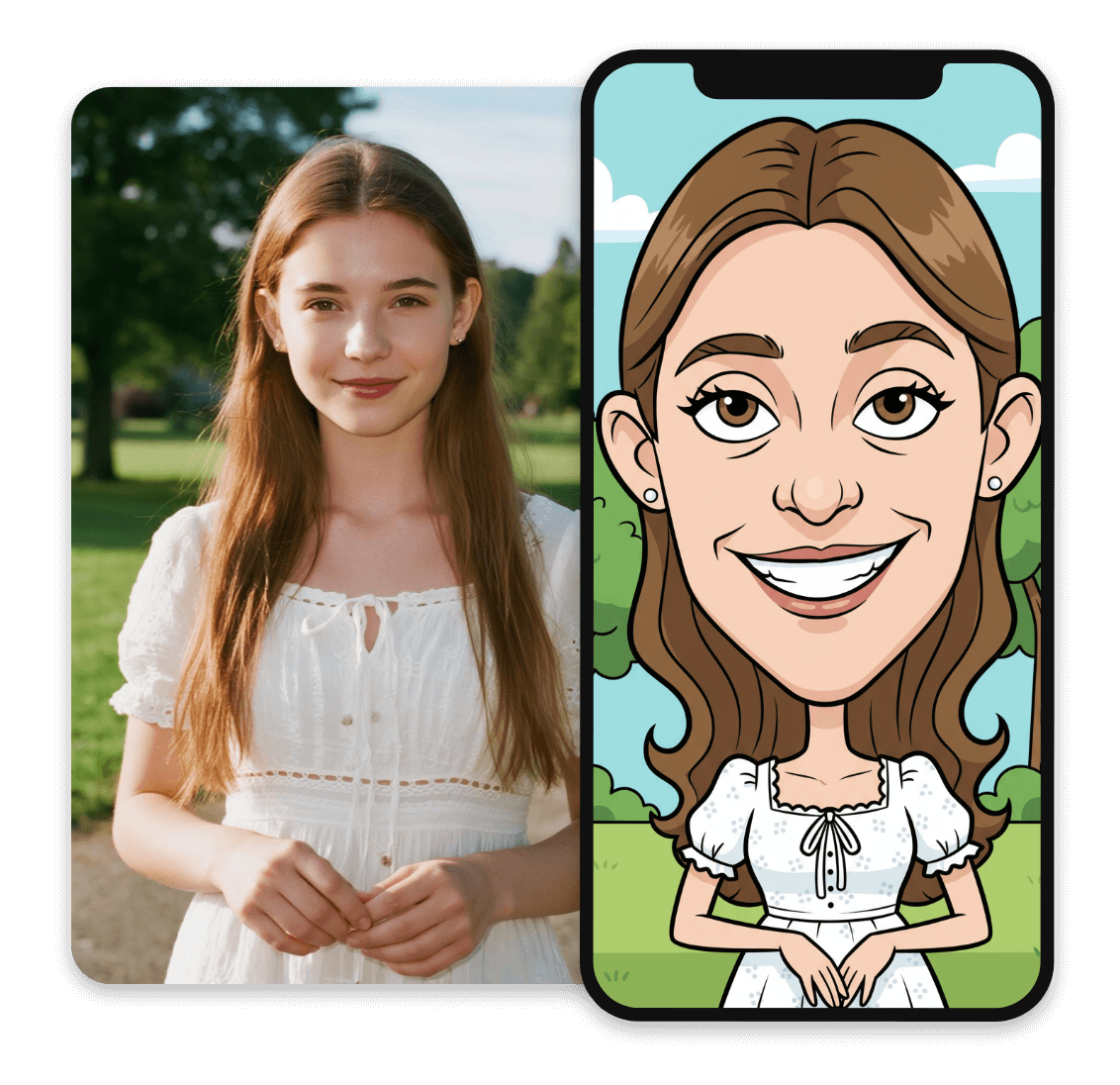 Convert the long hair woman photo to an extreme caricature drawing on your phone