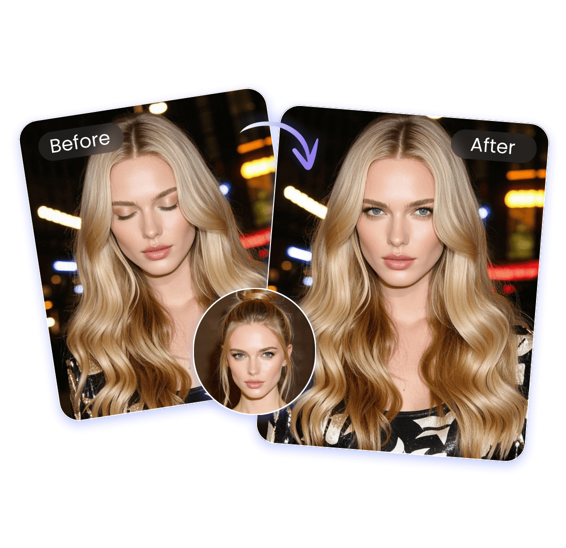 Correct expressions and imperfections featuring a blonde with Clipfly AI head replacer